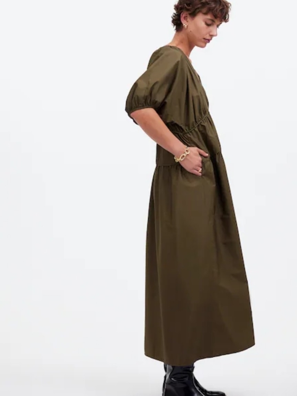 Madewell Olive Puff-Sleeve Tiered Maxi Dress